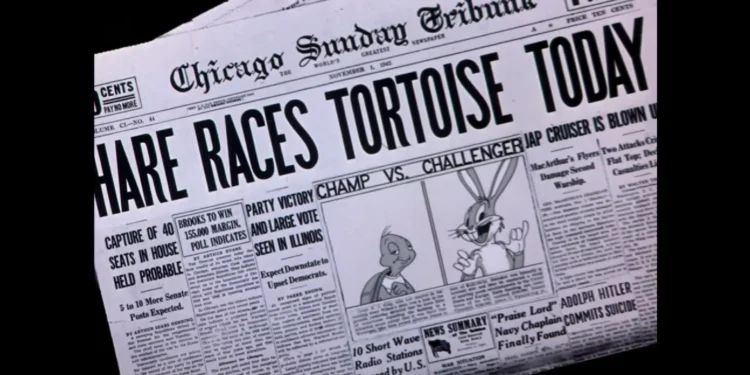 Cartoon predictions - Looney Tunes: Chicago Sunday Tribune predicts the death of Adolf Hitler by suicide (bottom right headline)