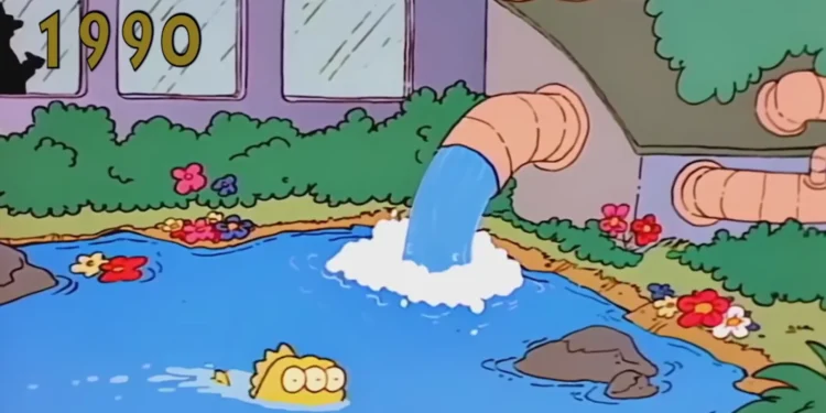 Simpsons: Three Eyed Fish swimming in a reservoir with an outlet pipe of a factory
