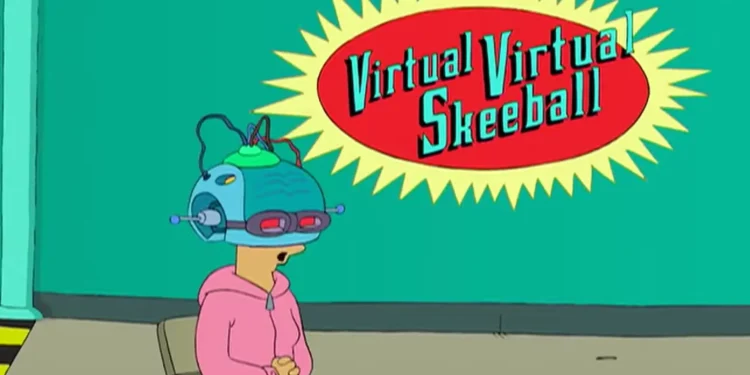 Cartoon predictions - Futurama: Amy playing Virtual Virtual Skeeball using a device that looks like a VR headset