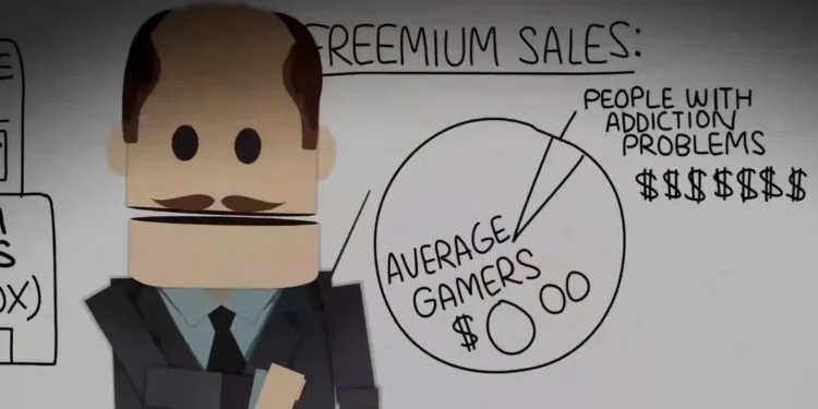 Cartoon predictions: South Park: CEO of Terrance & Phillip mobile game explaining how freemium games generate profit by abusing people with addiction
