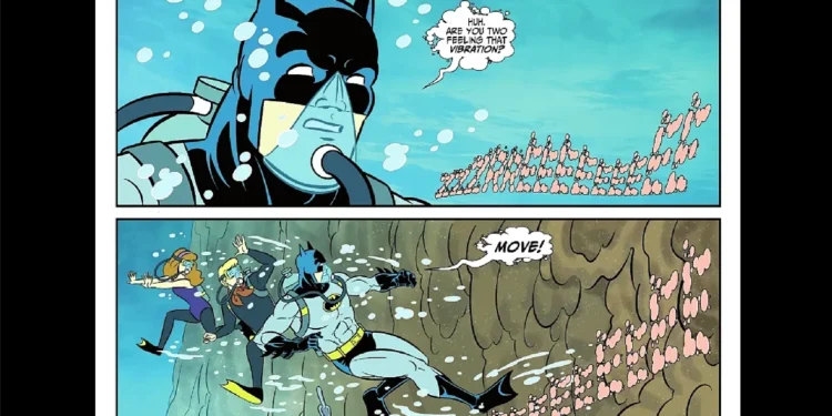 Batman and Scooby-Doo Mysteries: Batman, Daphne and Fred running away from danger underwater