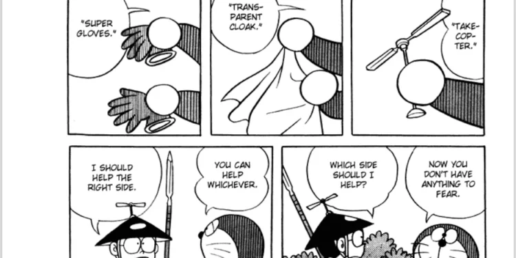 Doraemon: Doraemon handing over the Invisible Cape to Nobita